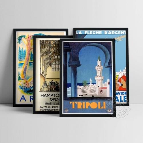 Vintage World Travel Poster, Hampton Court Open Daily Prints Art, Airline Plane Fly Wall Painting, Tripoli Arosa Tour Wall Art