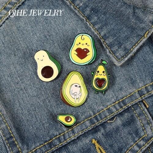 QIHE JEWELRY Avocado pins Heart shaped fruit core Smiley backpack brooches badges Cute pins gifts for friends