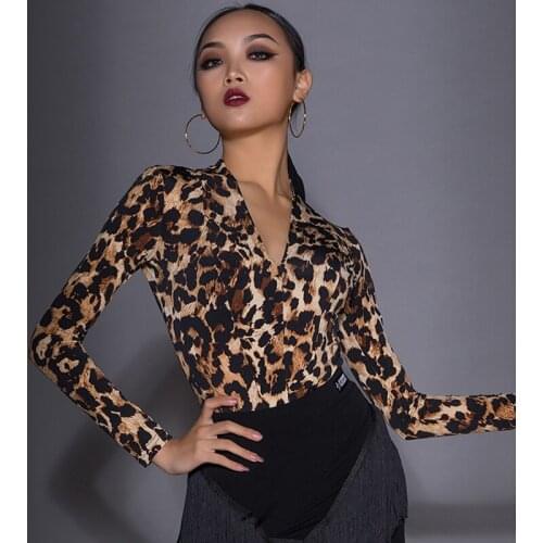 2021 Women Latin Dance Clothes Sexy V-Neck Leopard/Black Tops Long Sleeve Practice Clothes Latin Dance Competition Dress DQS6344