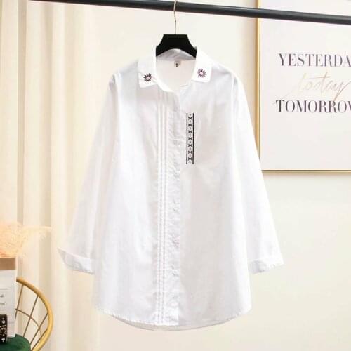 Plus size embroidery pure cotton women loose long white shirts 2021 new spring casual ladies soft shirt female tops