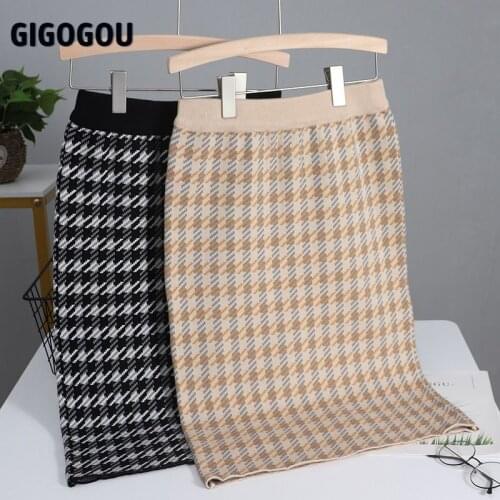 GIGOGOU Luxury Houndstooth Knitted Women Sweater Skirt Elastic High Waist Midi Pencil Skirt Bodycon Long Skirt Jupe Femme Faldas