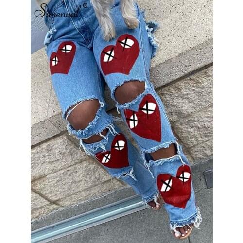 Simenual Heart Print Denim Cut Out Distressed Jeans For Women Baddie Clothes Streetwear High Waist Baggy Pants in Blue Fashion