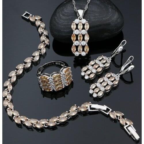 925 Silver Jewelry Sets For Women Party Accessories Champagne Cubic Zirconia Earrings/Pendant/Necklace/Ring/Bracelet