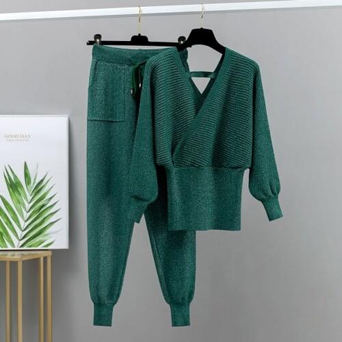 BYGOUBY Lurex Shinnng Two Peice Set for Women Knitted V Neck Sweater + Overall Drawstring Carrot Pants Winter 2 PCS Tracksuits
