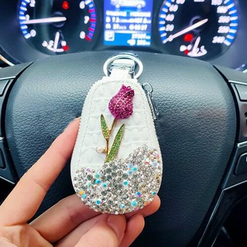 1 Pcs New Car Diamond Rose Flower Car Key Cover Storage Box Crystal Diamond Keychain Remote Control Key Bag Interior Accessories