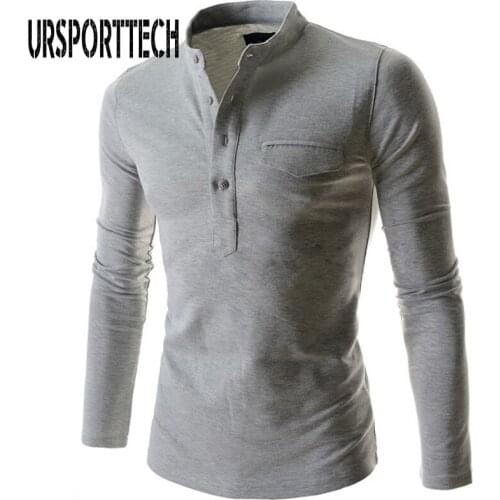 2018 Spring Autumn New Mens T Shirt Long Sleeve Mandarin Collar Gentlemen Tee Shirt Tops Casual Tees Large Size Menwear