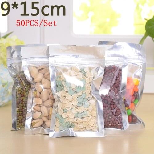 9*15cm 50 Pcs Translucent plating aluminium ziplock bag - Reclosable aluminum mylar foil pouch zipper clip seal with front clear