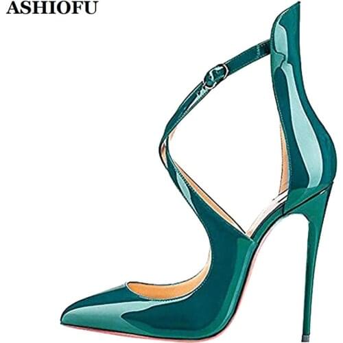 ASHIOFU Handmade New Women Pumps X-buckle Straps Party Prom Dress Shoes Evening Pointed-toe Large Size Fashion Court Shoes