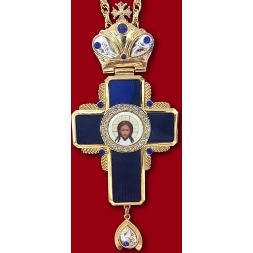 Religious Jesu Crucifix Pendant Necklace Long Chain Christian Orthodox Pectoral Enamel Blue Oil Russia Greek Priest Church Cross