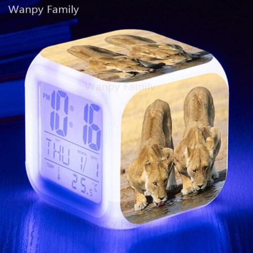King of beasts Lion and Tiger Alarm Clock For Childrens room Multi-function Desktop 7 Color Glowing Digital Alarm Clock