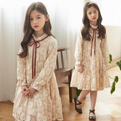 8 10 years Child Girls Long Sleeve Bow Beige Dress Party Wedding Birthday Sweet Knee Length Kids Dress