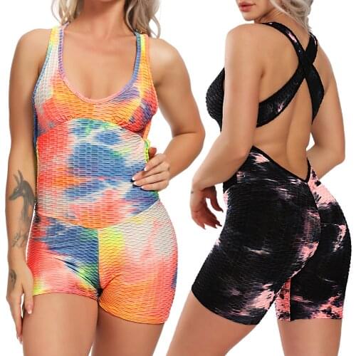 Women Textured Bodysuit Sleevesless Sport Backless Sexy Slimming Bodycon Rompers Jumpsuit Cross Short Yoga Pants Bodysuit Set