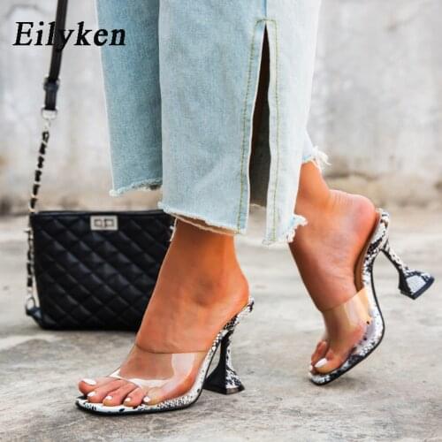 Eilyken Size 35-42 Woman Square Head Serpentine Slippers Sandals Fashion Transparent PVC Peep Toe Wine Glass Mules High Heels