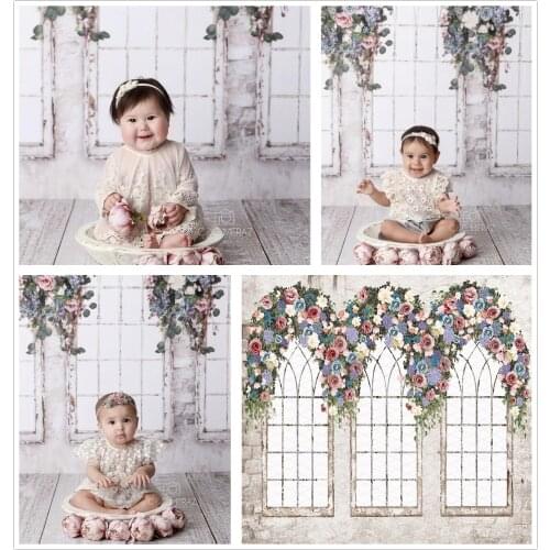 Old Shabby Windows Flower Photo Backdrop Newborns Baby 1st Birthday Cake Smash Brick Decor Photography Background Studio W5307