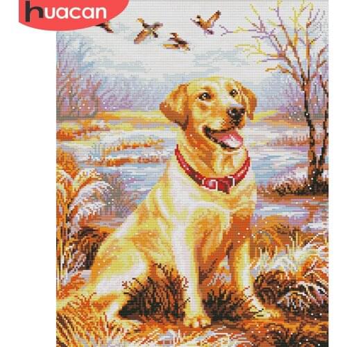 HUACAN Embroidery Cross Stitch Dog Animal 11CT 14CT Cross Stitch Sets Landscape White Canvas Needlework Handicrafts