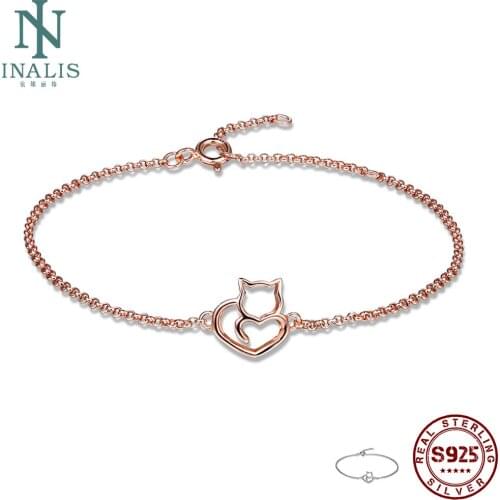 INALIS 100% 925 Sterling Silver Cat And Heart Link Chain Bracelets & Bangles For Women Authentic Silver Jewelry Gift New Arrival