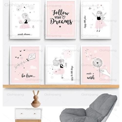 Canvas Painting Pink Baby Girl Room Decor Nordic Kids Poster for Children Nursery Wall Art Cartoon Kite Pictures Posters Prints