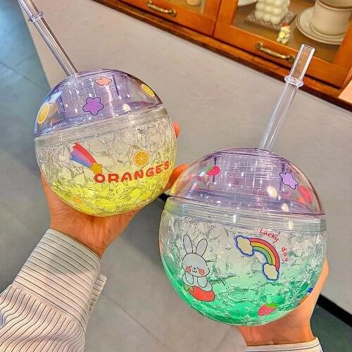 Creative Spherical Water Bottle With Lid Straw Kawaii Cute Sticker Plastic Shake Ice Cup Kids Sippy Drinking Water Cup Girl Gift