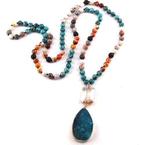 MOODPC Fashion Jewelry 108 Beads Multi Stone Knotted Crystal Link Natural Druzy Drop Pendant Necklace Wome Yoga Necklace