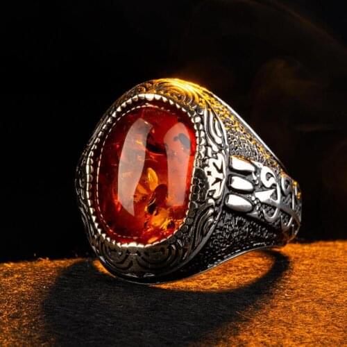 925 Sterling Silver Intricately Inlaid Arabic Letter V Mens Ring with Synthetic Orange Stone Wav Letter Ring for Men
