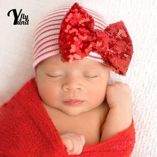 Yundfly Soft Comfortable Knitting Cotton Infant Hat Glitter Sequins Bowknot Baby Caps Cute Flowers Headwear Christmas Decoration