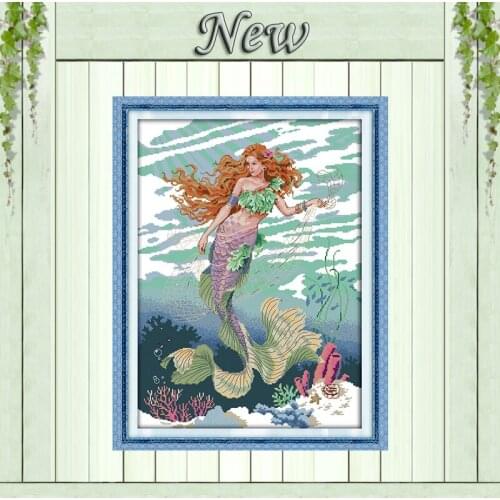 Mermaid beautiful girl decor painting counted print on canvas DMC 11CT 14CT kits chinese Cross Stitch embroidery needlework Sets