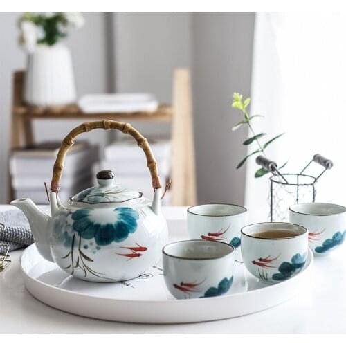 Set of Ceramic Goldfish Tea Pot Tea Cup Water Cup Lotus Design Tea Kettle Teaware Set (4 cups+1 teapot)