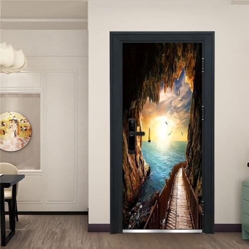 Limestone Cave Wallpaper For Door Setting Sun Home Waterproof Decor Wooden Renovation Door Sticker One Whole Piece Mural85x215cm