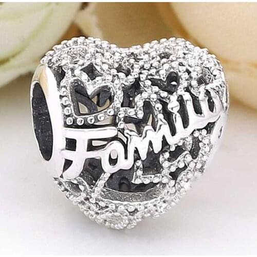 Original Openwork Vintage Beaded Family Heart Beads Fit 925 Sterling Silver Bead Charm Pandora Bracelet Bangle DIY Jewelry