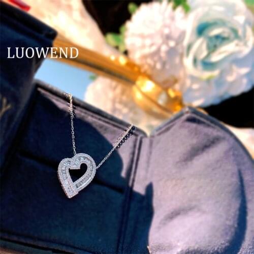 LUOWEND Solid 18K White Gold Pendant Necklace Real Diamond Necklace Proposal Wedding Anniversary Jewelry Gift Heart Shape