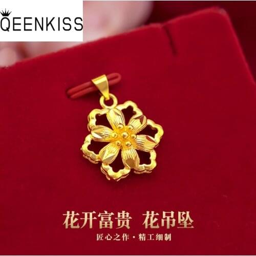 QEENKISS PT521 Fine Jewelry Wholesale Fashion Woman Girl Birthday Wedding Gift Flower Shape 24KT Gold Pendant Charm No Chain