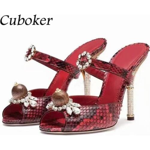 Luxury Brand Designer Retro Sandals Women Peep Toe Serpentine High Heel Slides Rhinestone Decor Summer Runway Slippers Women