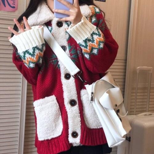 Christmas Patchwork Top Lamb Fur Collar Sweater Female Fall and Winter Outer Wear Loose Student Cute Sweater Cardigan Coat
