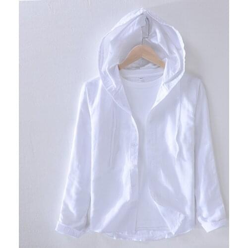 Hensley Linen Hooded Shirt Men Fashion Cotton Linen Male Casual Breathable Solid Long Sleeve White Shirt Cloth