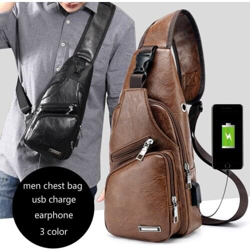 2019 New Men Back Pack Chest Pack Single Shouler Rucksack England Chest Bag Shoulder Cross Body PU Leather External USB Charger