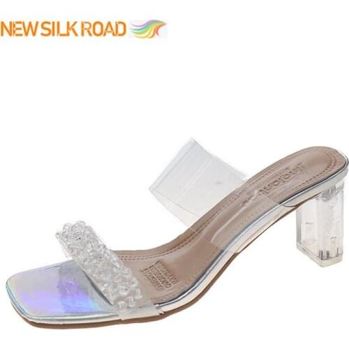 High Heel Shoes Womens Sandal Slippers Summer Clogs Square Toe Slip On Glitter Slides Pantofle Block Color Jelly Zapatos Ladies