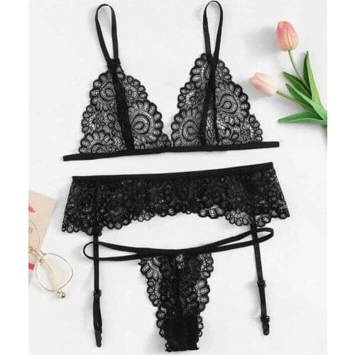 Sexy Lace Hollow-out Bra Panties Garter Suit Porno See-through Bikini Three-Piece Set Exotic Apparel Babydoll Lingerie for Women