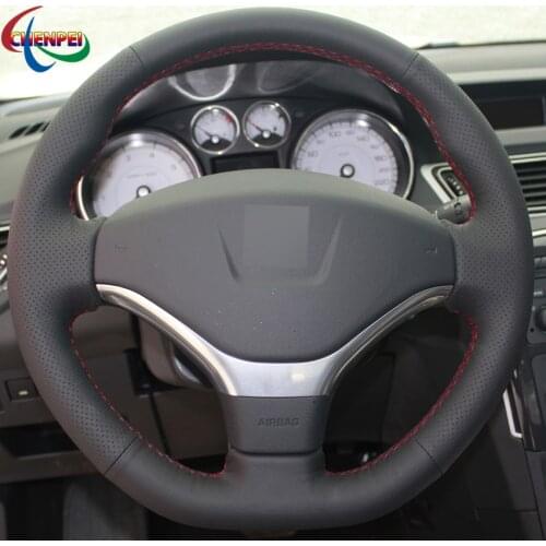 DIY Hand-Stitched Non-slip Black Leather Car Steering Wheel Cover For Peugeot 308 2012-2015 Car Interior Accessories