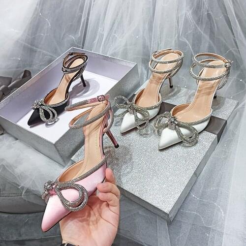 Rhinestone Sexy High Heels Party Shoes for Women Pointed Toe Butterfly Knot Ladies Dress Sandals Buckle Close Toe Bridal Shoes