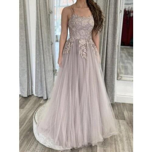 Light Grey Tulle Evening Dress with Lace Appliques Beads Double Spaghetti Straps A-line Long Prom Dresses for Formal Occasions