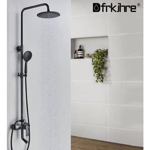 Bathroom Shower Faucet Wall Mount Black Bronze Rainfall Shower Hot Cold Water Mixer Tap Swivel Bathtub Spout 3-way Shower Set