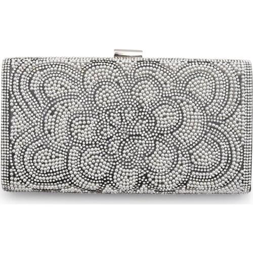 Woman Clutch Bag Metal Frame Evening Bag Rhinestones Mellow Artificial Pearls Decor Shoulder Bag with 2 Removable Chains Black