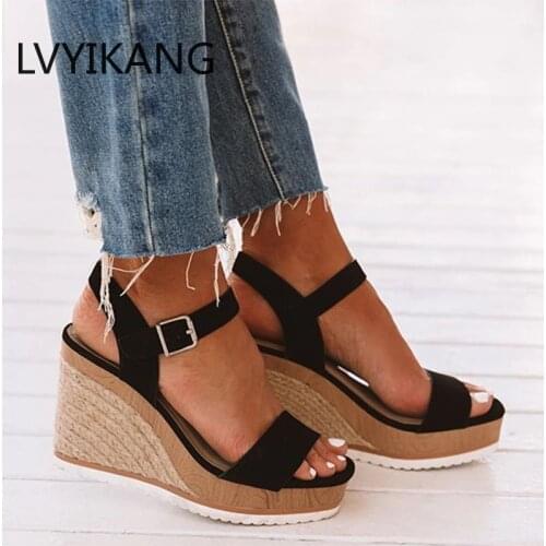 Women Wedge Sandals Ladies Ankle Buckle Strap Flock Shoes Female Fashion Hemp Bottom Woman Casual Sandal 2020 New Hot Summer