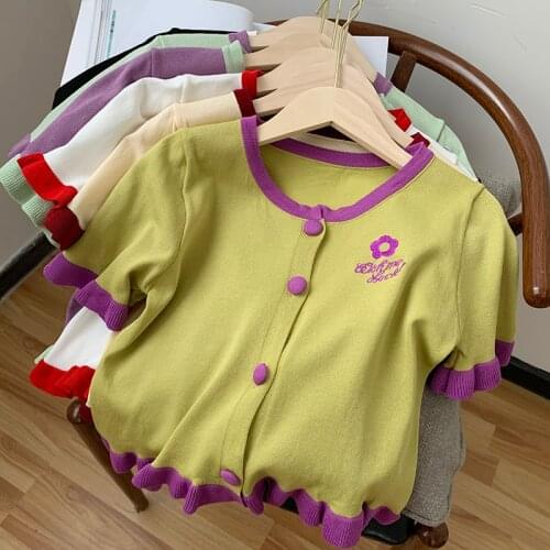 2021 Korean Summer New Embroidery Purple Short Sleeve Knitted Cardigan Top Female T-shirt