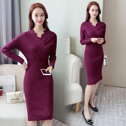 Woman Fashion Temperament V-Neck Knitting Sweater Dress Autumn Korean New 2020 Hot Sale Solid Color Elegant Comfortable