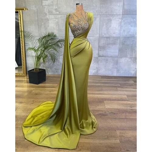 2021 Olive Green Satin Beading Evening Dress Diamond Long Prom Dress Dubai Real Image Customized Wedding Party Gowns Vestidos