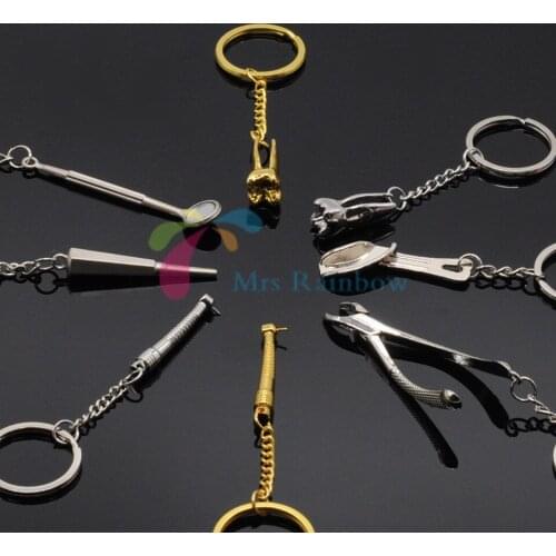 8/Pcs Dental Lab Mixed Keychains Forcep Mirror Handpiece Tooth Impression Tray Dental Keyring