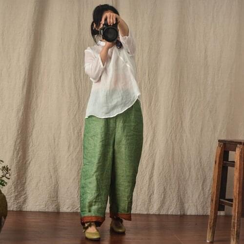 Women Loose Elastic Waist Wide Leg Linen Pants Ladies Vintage Patchwork Flax Wide Leg Trousers Female Spring Autumn Pants