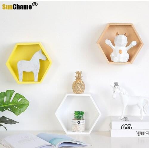 Wooden Hexagonal Home Decoration Wall-mounted Wall Shelf Living Room Creative Wall Decoration Toy Storage Organizer Wood