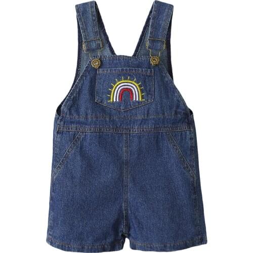 6M-5T Baby Suspender Pants, Denim Trousers, Square Neck Shoulder Buttons Rainbow Embroidery Front Pocket Unisex Romper